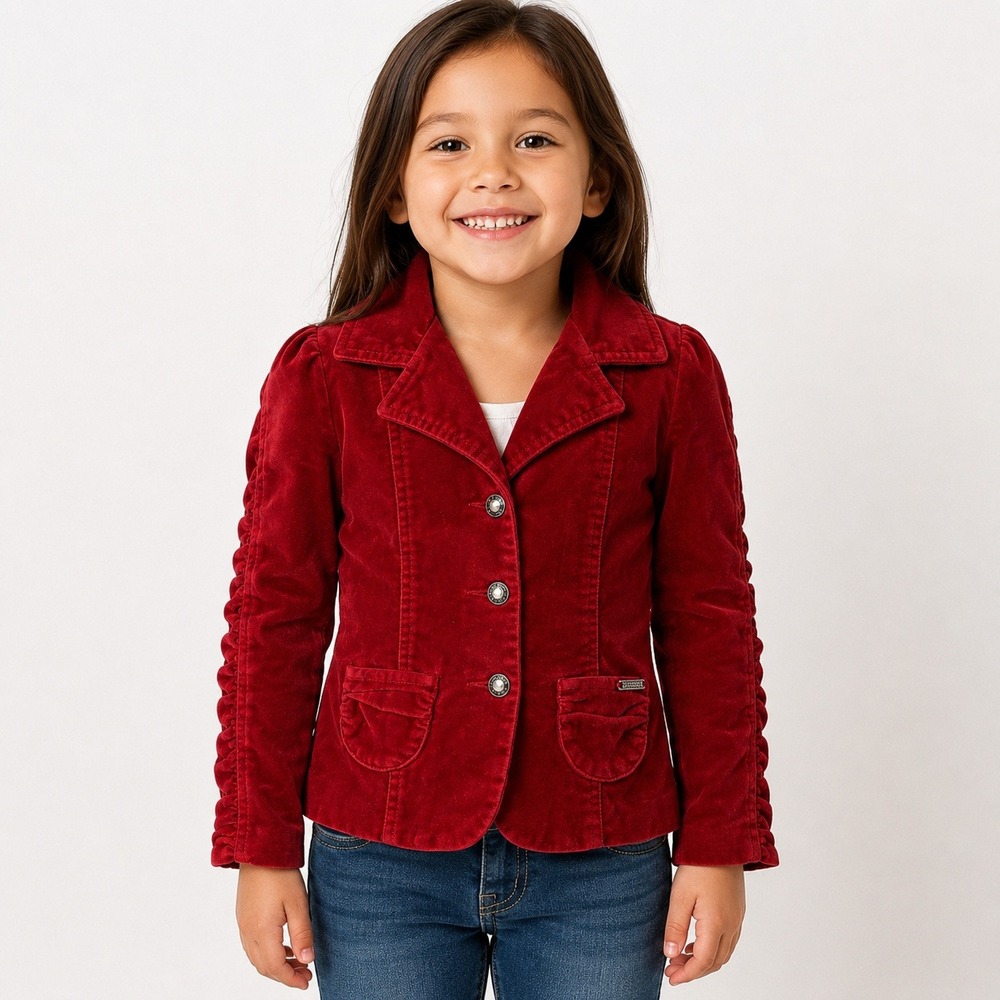 Guess‎ Kids Y2K Red Velour Blazer Jacket Girls Size 4 Ruched Sleeve
